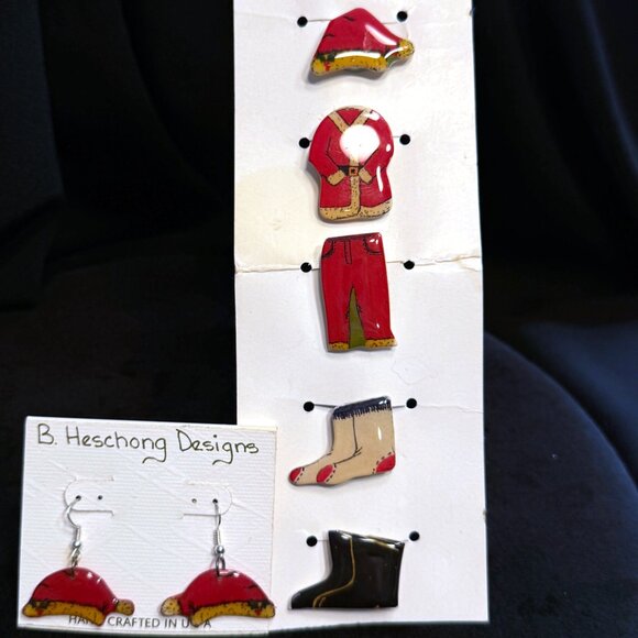 Hand Crafted Santa Claus Button Cover Set Outfit Boots Pants Jacket Hat Earrings - Picture 1 of 5